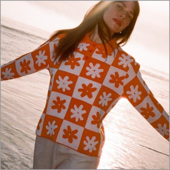 Lisa Says Gah Sweaters - Lisa Says Gah x KJP Paisley Polo Sweater knit orange white sz M/L